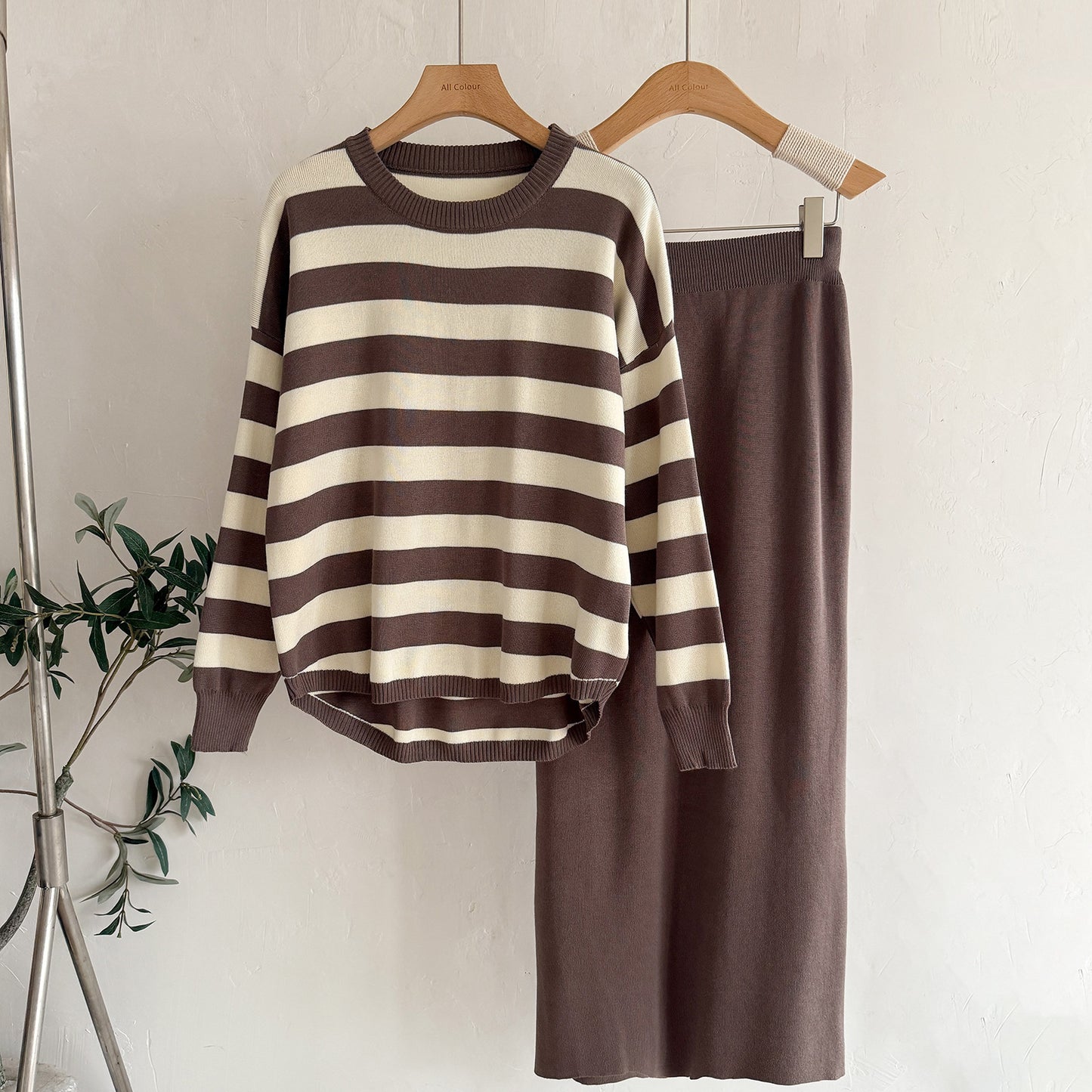 Fashion Long Sleeve T-shirt High Waist Skirt Knitted Two-piece