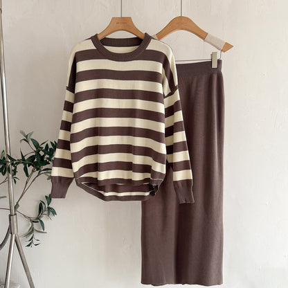 Fashion Long Sleeve T-shirt High Waist Skirt Knitted Two-piece