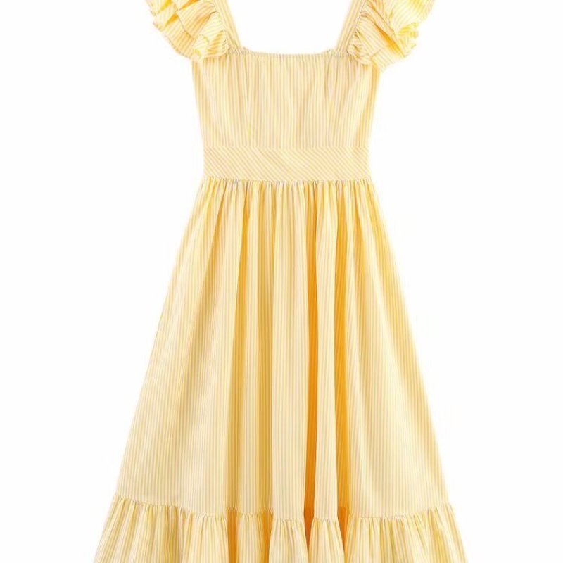 Women's Three-color Single-breasted Striped Ruffled Waist Dress