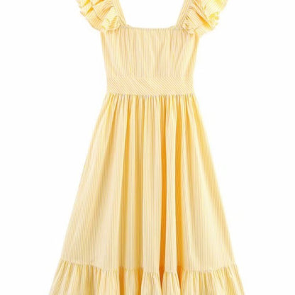 Women's Three-color Single-breasted Striped Ruffled Waist Dress