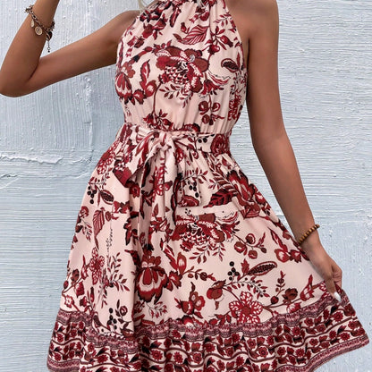 Fashion Floral Halter Waist Ladies Dress