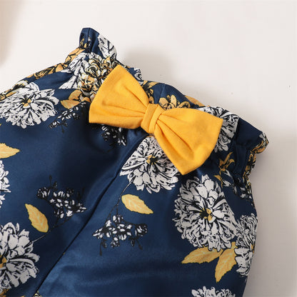 Spring And Autumn Yellow Short Sleeve Romper Floral Shorts Headscarf Three-piece Set