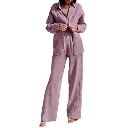 Loose Elastic Wrinkle Long Sleeve Shirt Wide Leg Pants Casual Suit