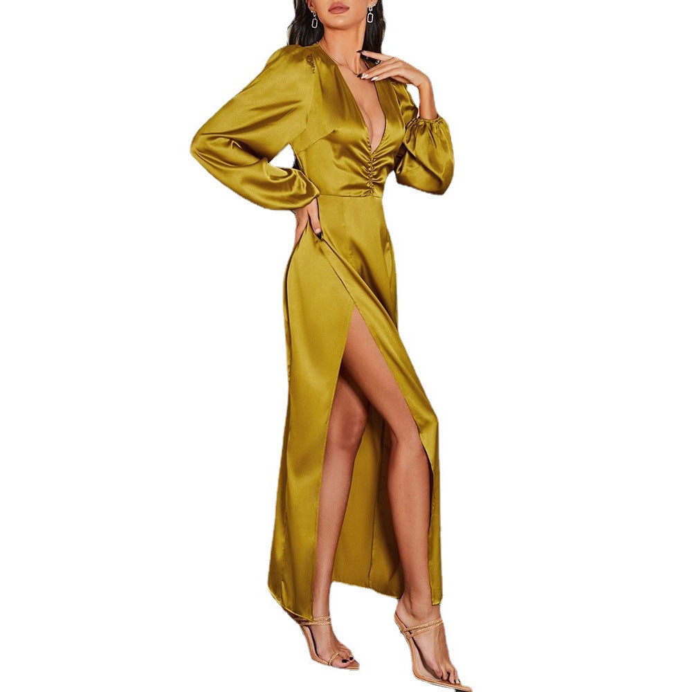 Loose Solid Color And V-neck Dress For Women