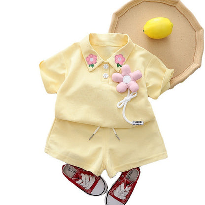 Girls' Summer Cotton Short-sleeved Shorts Suit