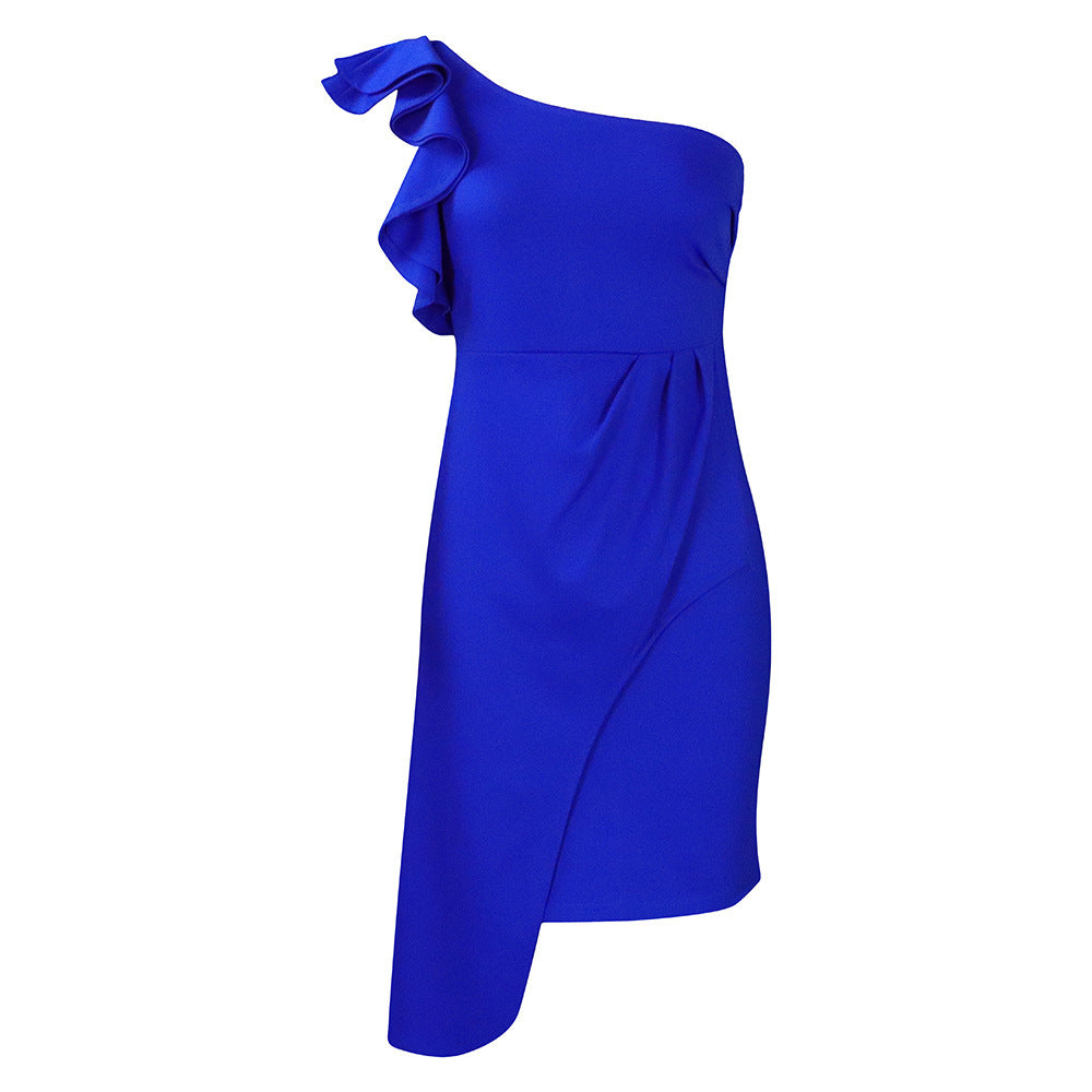 Fashion Diagonal Collar Ruffled Hip-wrapped Temperament Ol Dress