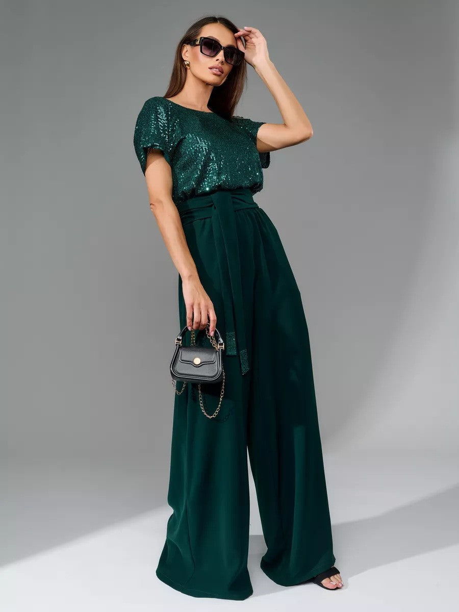 European And American One-piece Sequin Fashion Short Sleeve Casual Jumpsuit Trousers