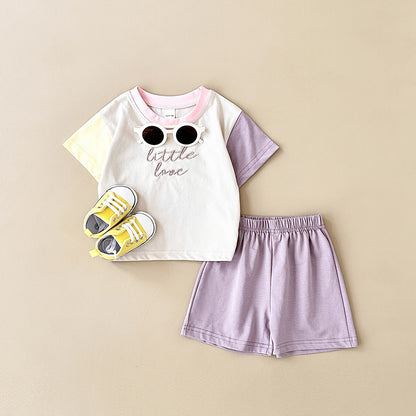 Girls' Stitching Casual Short-sleeved Two-piece Suit