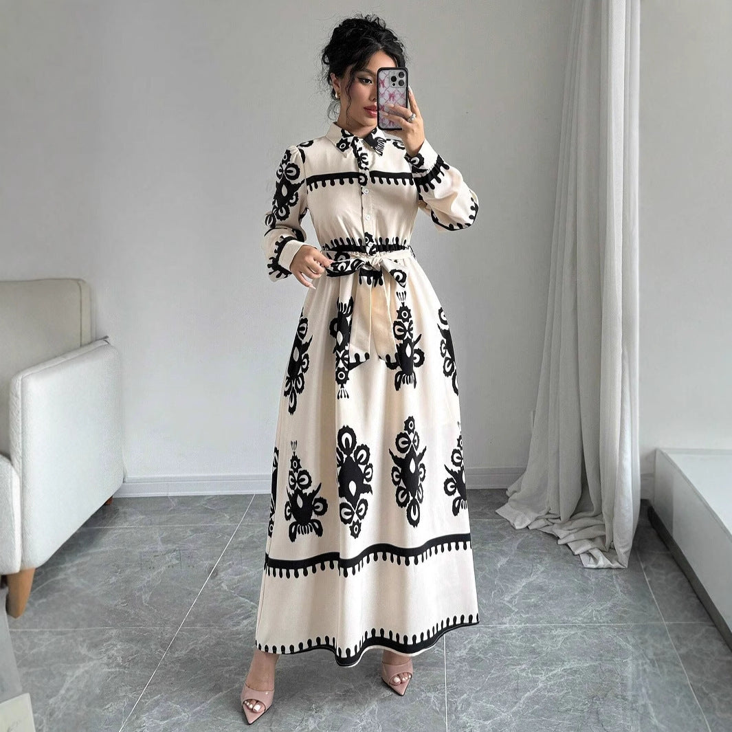 Printed Lace Up European And American Elegant Dress