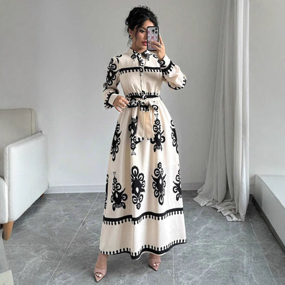 Printed Lace Up European And American Elegant Dress