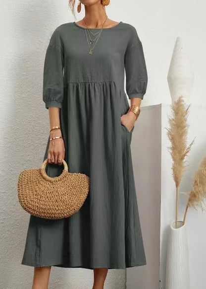Lantern Sleeve Loose Cotton And Linen Pocket Dress