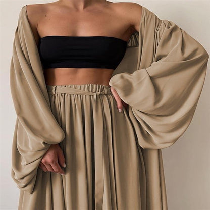 Three-piece Long Cardigan Tube Top Wide-leg Pants