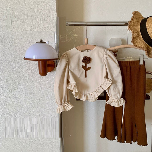 Girls Spring And Autumn Retro Shirt Flared Pants Suit