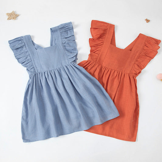 Girls' Cotton And Linen Bowknot Wooden Ear Embroidery Dress