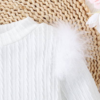 Autumn And Winter New Girls' Suit Furry Top Woolen Fabric Skirt With Belt Three-piece Set