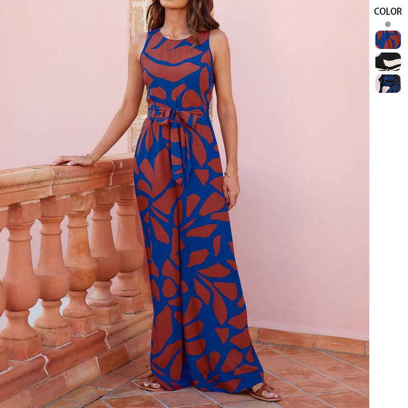Fashion Round Neck Printed Waist-controlled Jumpsuit Women