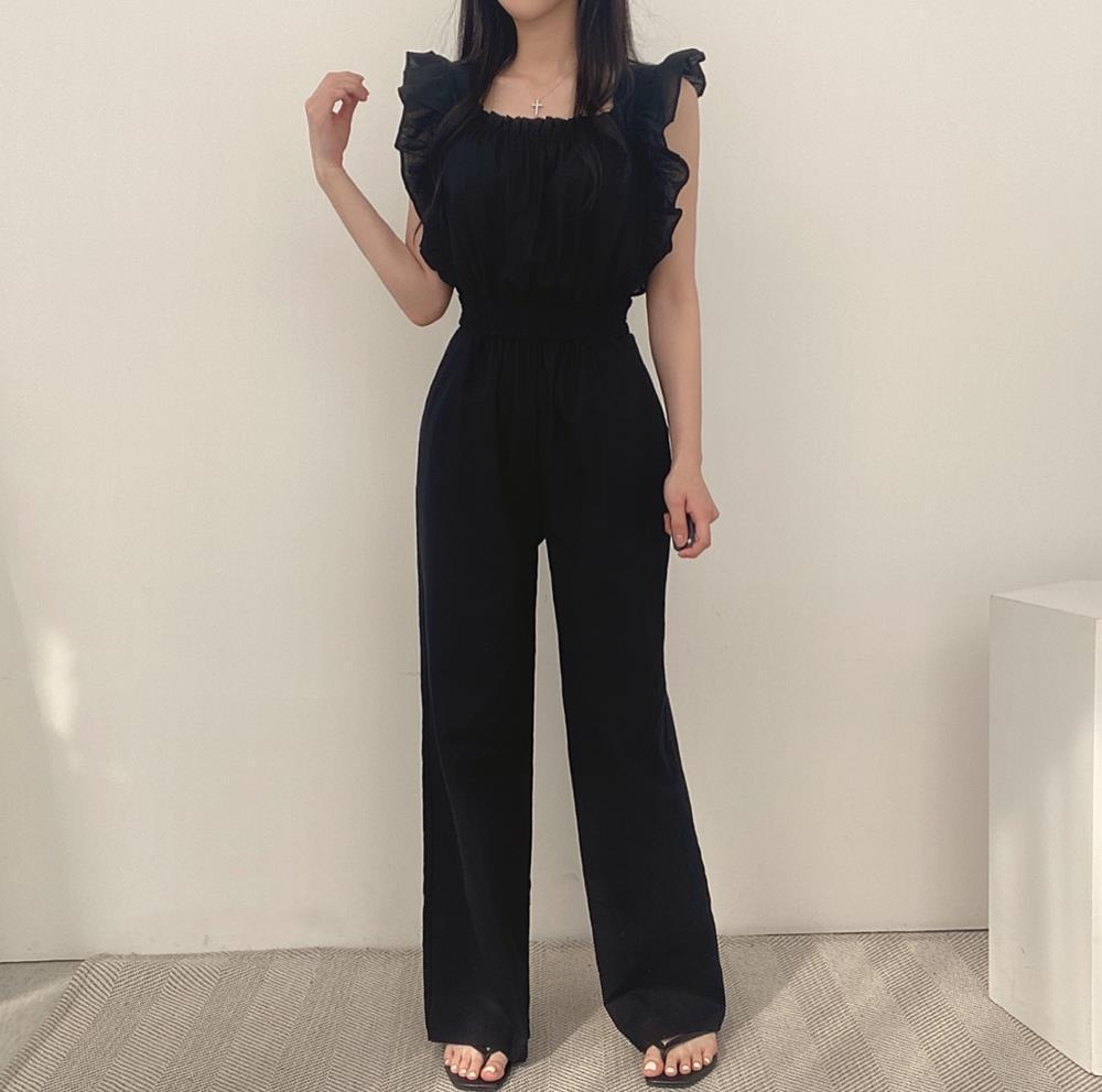French Retro Square Collar Ruffled Flying Sleeves Elastic And Waisted High Waist Wide Leg Jumpsuit For Women
