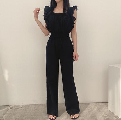 French Retro Square Collar Ruffled Flying Sleeves Elastic And Waisted High Waist Wide Leg Jumpsuit For Women
