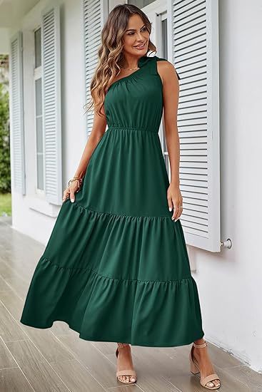 New Women's Solid Color Long Dress Knot One Shoulder Sleeveless Pleated