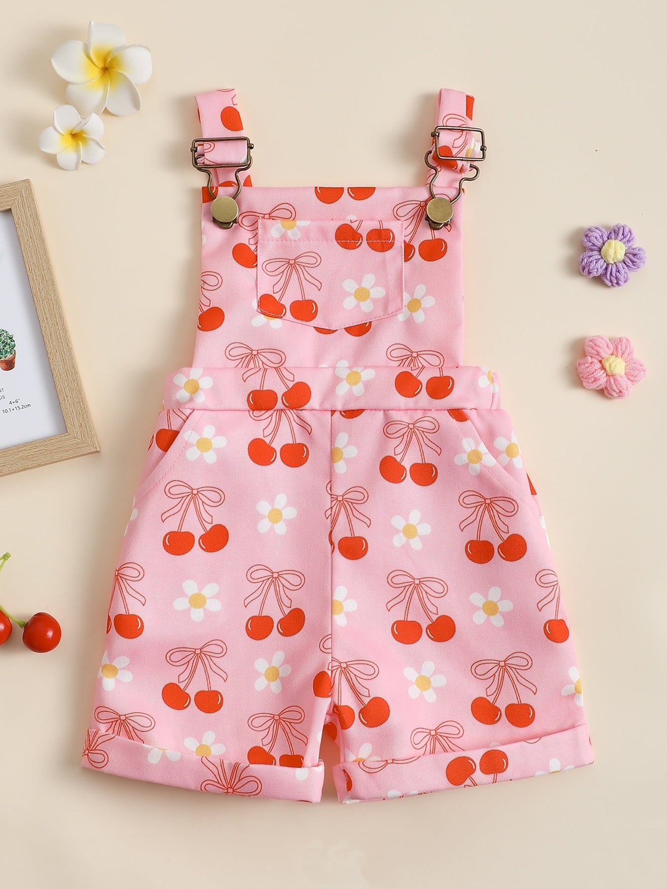 Baby Flower Cherry Print Suspender Pants