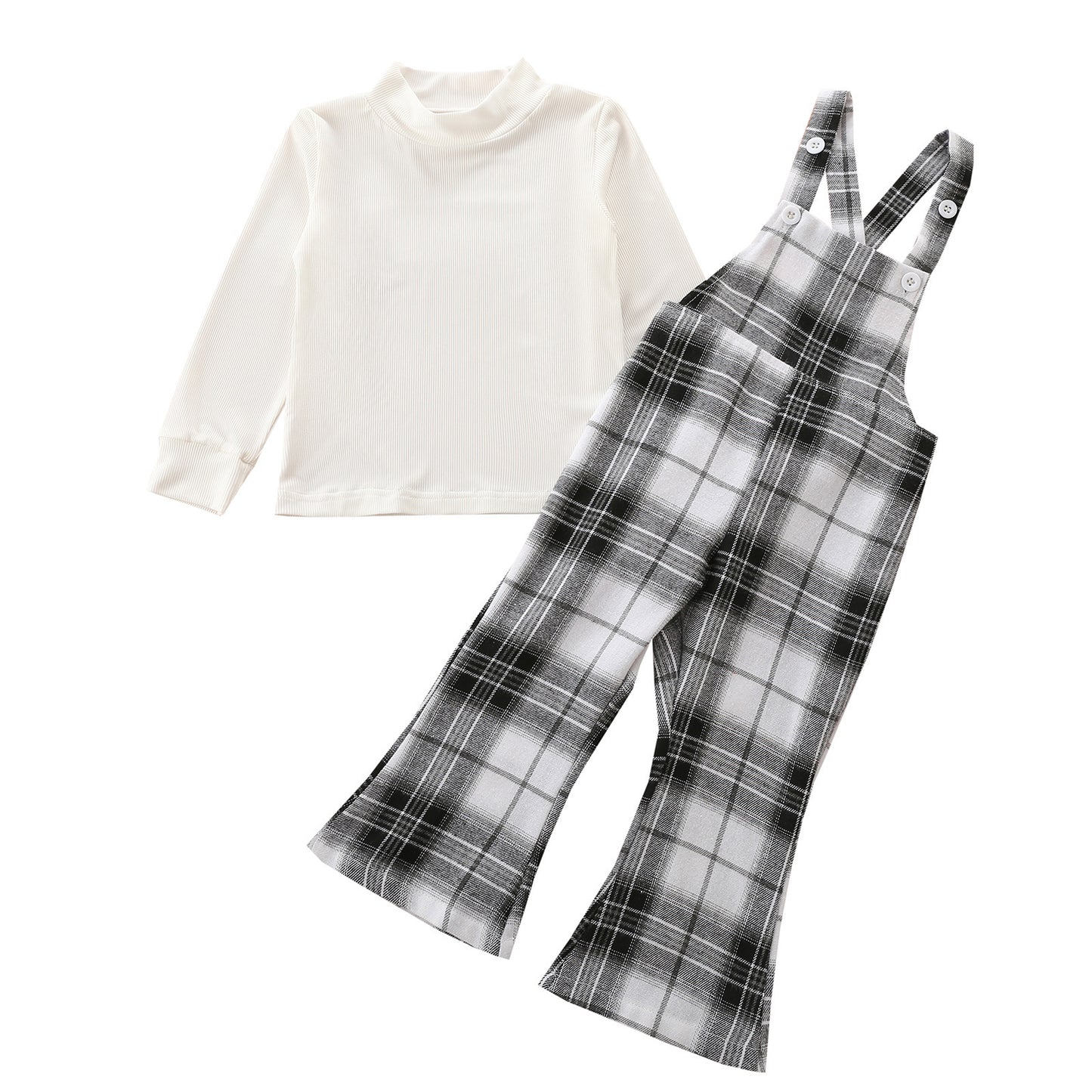 Two Piece Set Of Round Neck Top Plaid Suspender Trousers
