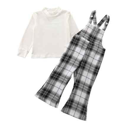 Two Piece Set Of Round Neck Top Plaid Suspender Trousers