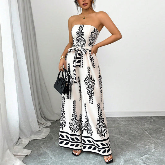 Women's Wide-leg Slim Fit Tied Printed Jumpsuit