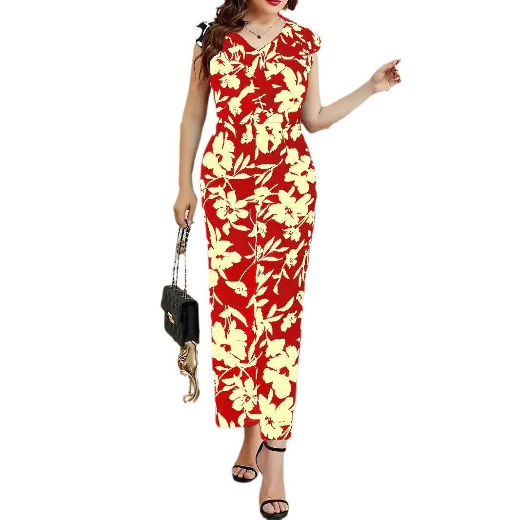 Fashion Floral Women's Printed Wear Sleeveless V-neck Pocket Jumpsuit