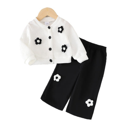 Wool Flower White Long Sleeves Top Black Trousers