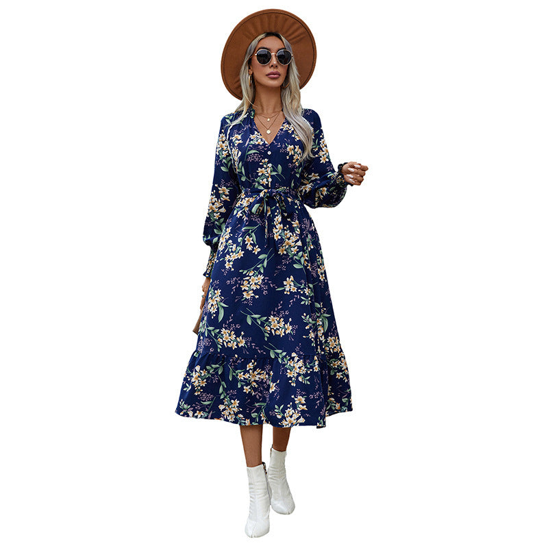 Autumn New European And American Women's Clothing Cross-border Long Sleeve Flower Print Dress