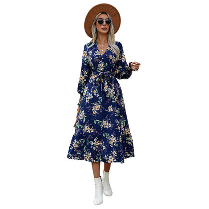 Autumn New European And American Women's Clothing Cross-border Long Sleeve Flower Print Dress