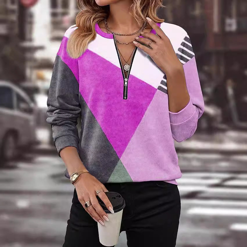 Autumn Winter Assorted Colors Loose Zip Long Sleeve V-neck Sweatshirt