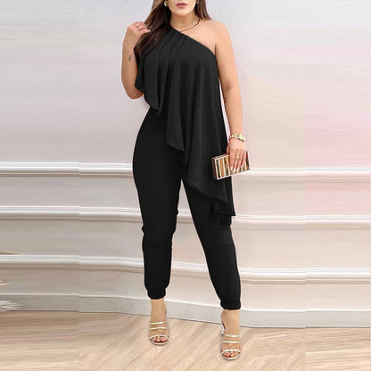 Printed One-shoulder Ruffled Jumpsuit