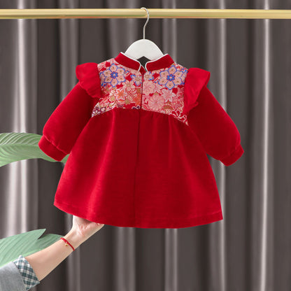 Winter Velvet Padded Dress New Children's Retro