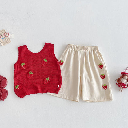 Baby Cute Patch Strawberry Vest Children Korean Casual Pants