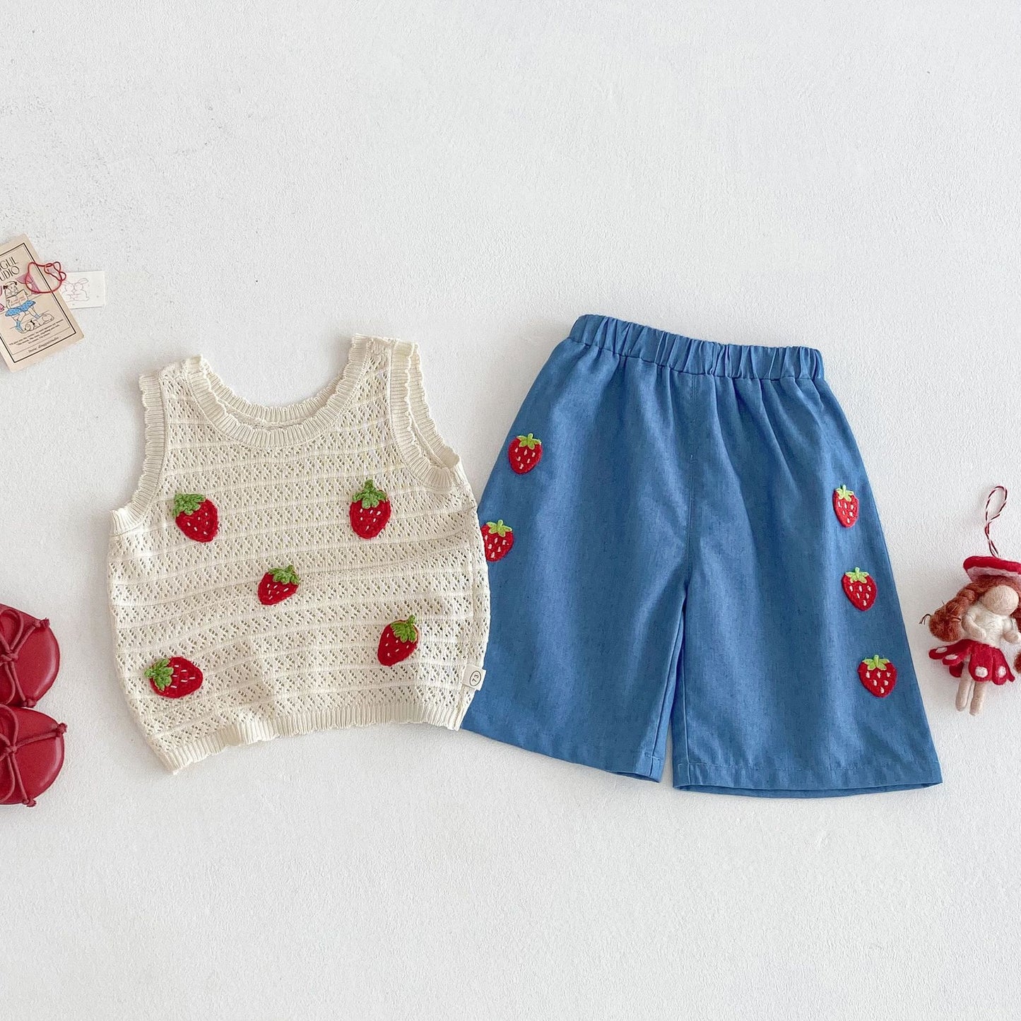 Baby Cute Patch Strawberry Vest Children Korean Casual Pants