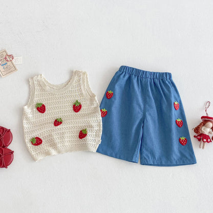 Baby Cute Patch Strawberry Vest Children Korean Casual Pants
