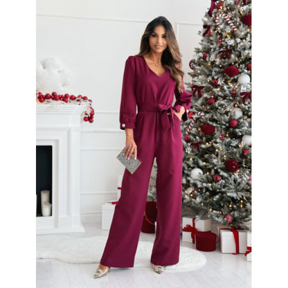 Women's Casual Pure Color Tied V-neck Long Sleeve Jumpsuit