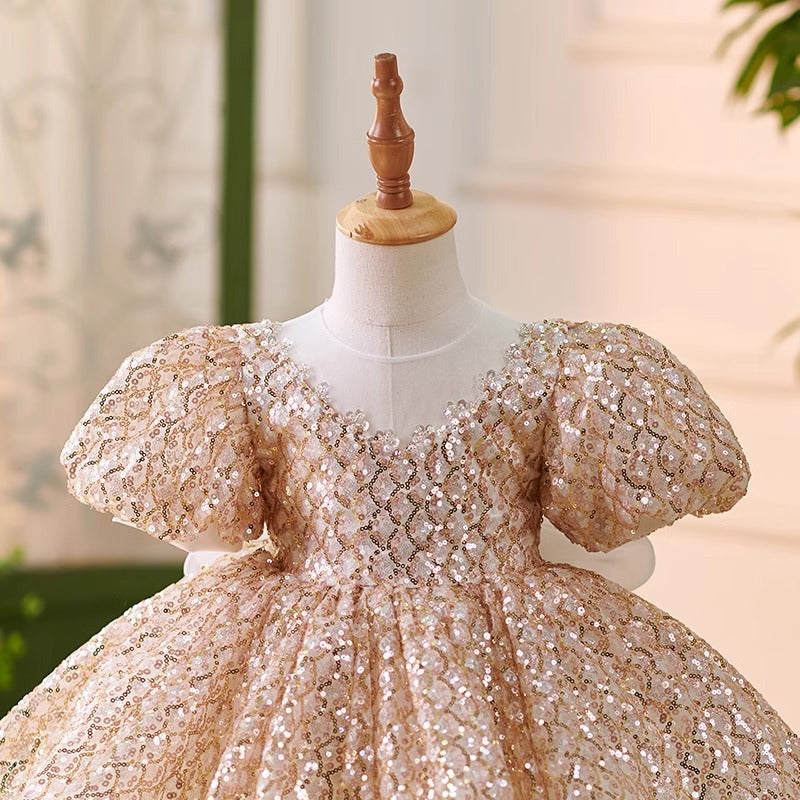 Golden Sequined Puff Sleeve Birthday Party Princess Dress