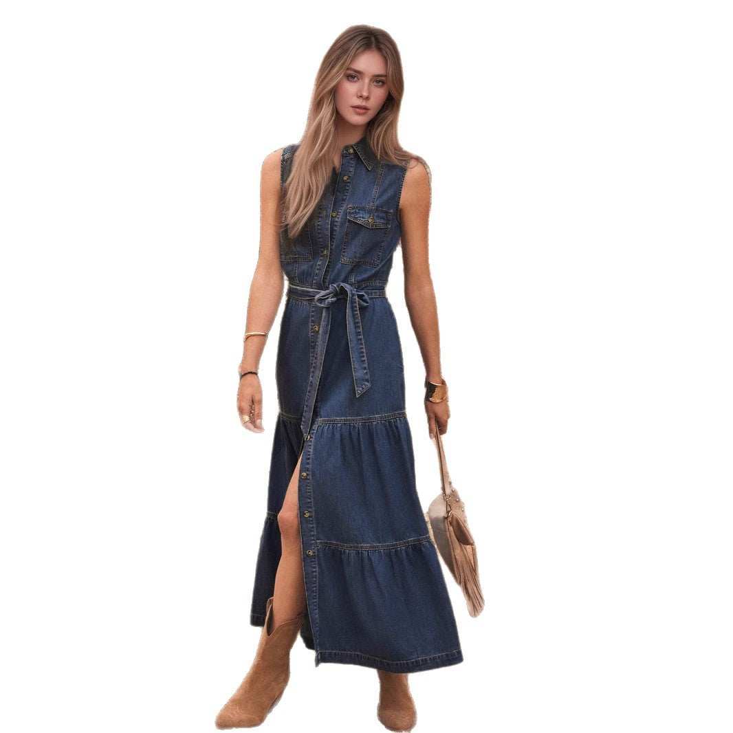 European And American Blue Sleeveless With Waist Lace-up Design Imitation Denim Material
