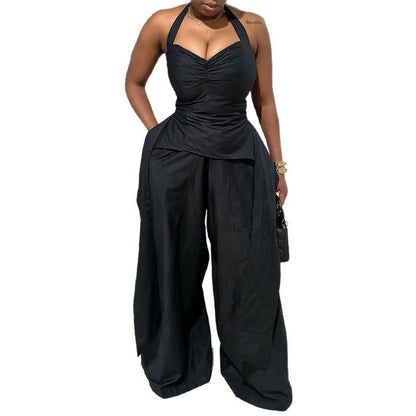 Sexy Halter V-neck Irregular Sleeveless High Waist Ribbon Jumpsuit Trousers