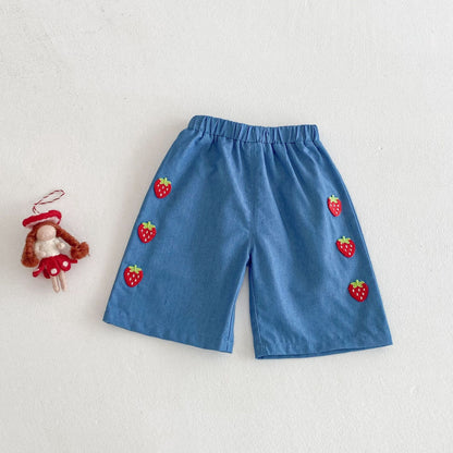 Baby Cute Patch Strawberry Vest Children Korean Casual Pants