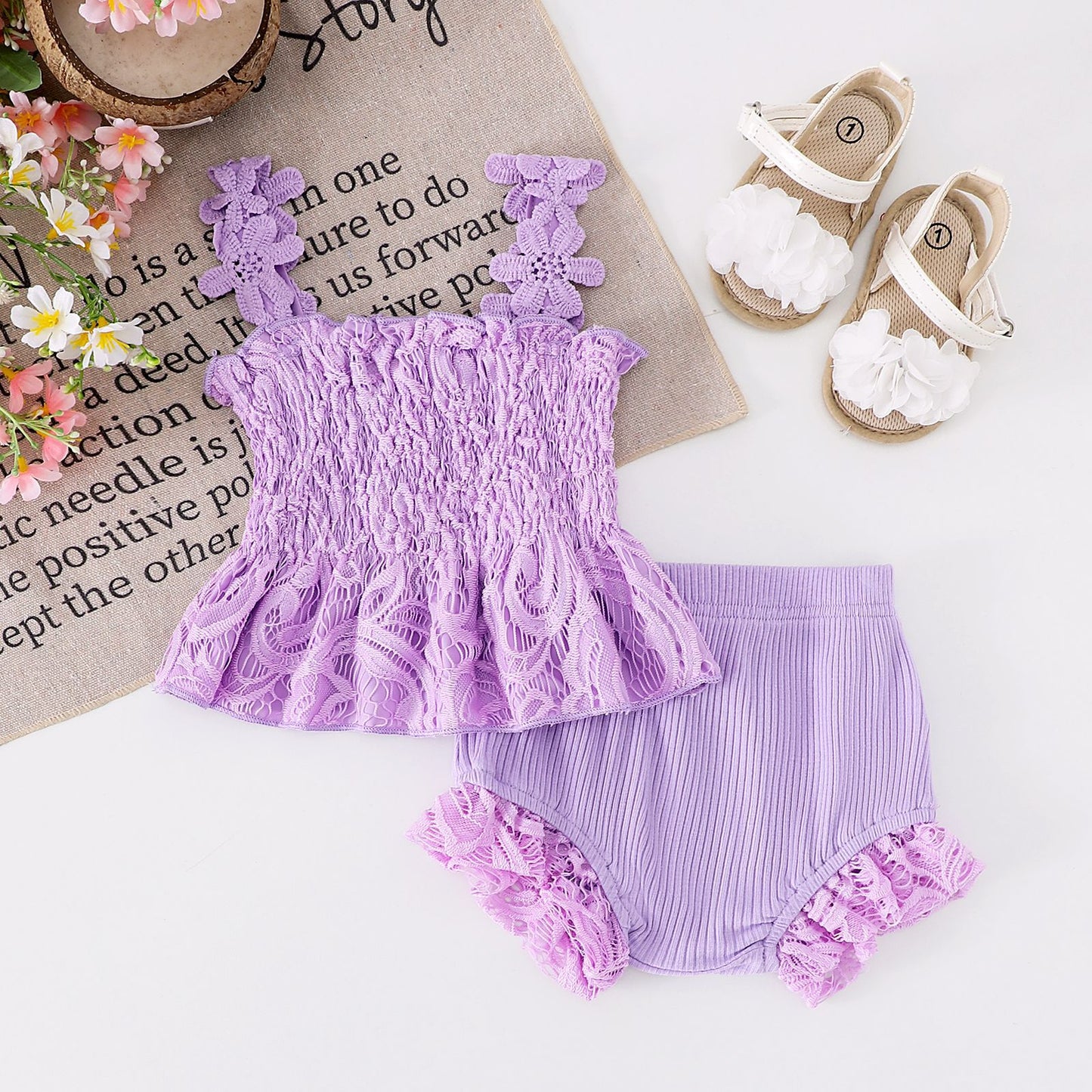 Mesh Smocking Sling Top Harem Pants Lace Two-piece Set
