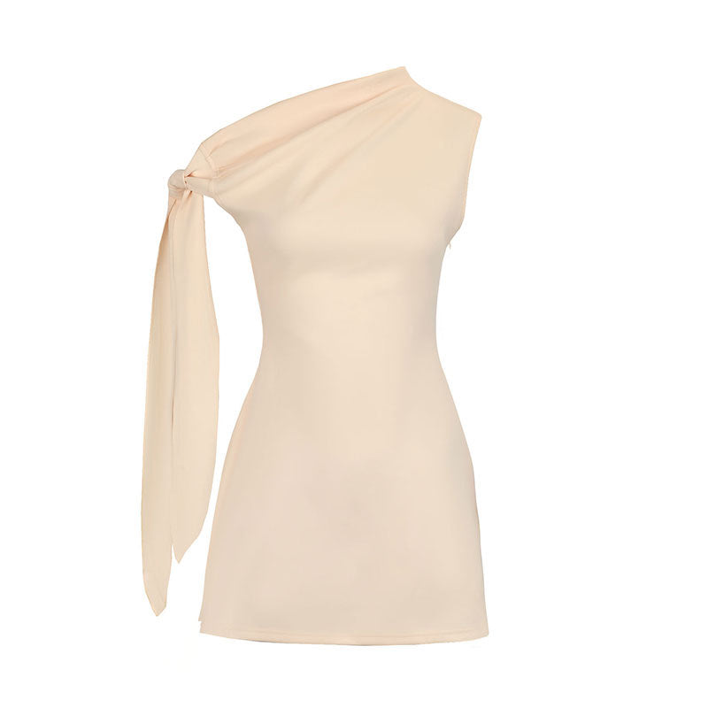 Fashion Slant Shoulder Ribbon Slim Slimming Temperament Socialite Dress