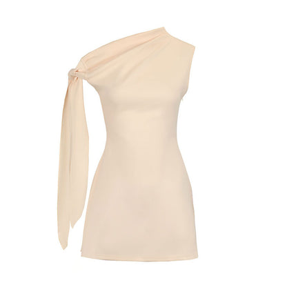 Fashion Slant Shoulder Ribbon Slim Slimming Temperament Socialite Dress
