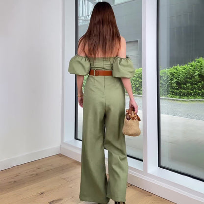 Square Collar Solid Color Sleeve Fitted Waist Backless Temperament Straight Jumpsuit