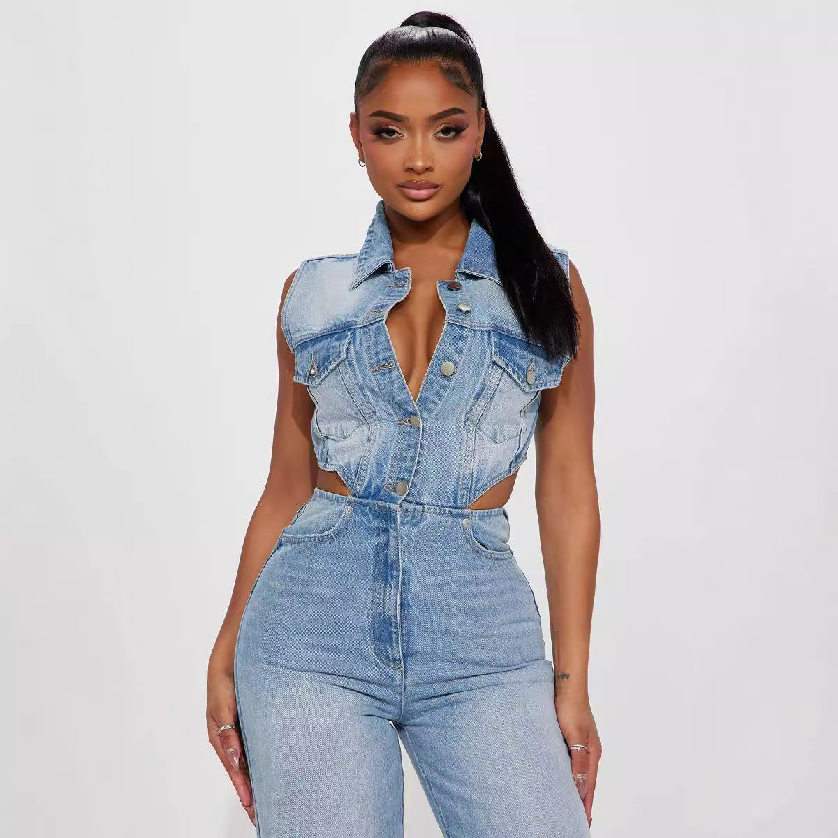 Slim Elastic Wash Denim Jumpsuit Straight Loose Jumpsuit