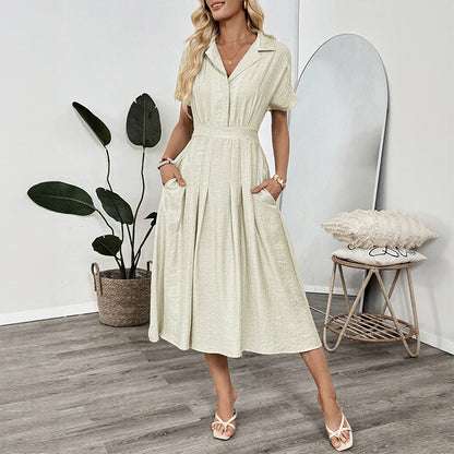 Lapel And Waist Tight Skirt Commuter Pocket Shirt Dress