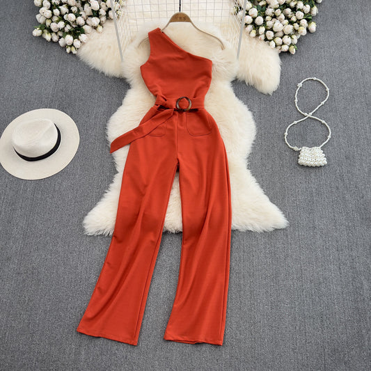High Waist Slimming OL Temperament Straight Wide Leg Jumpsuit Summer