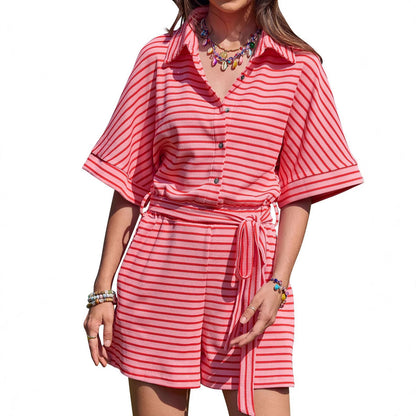 Casual Striped Jumpsuit Short Sleeve Buckle Shorts Romper